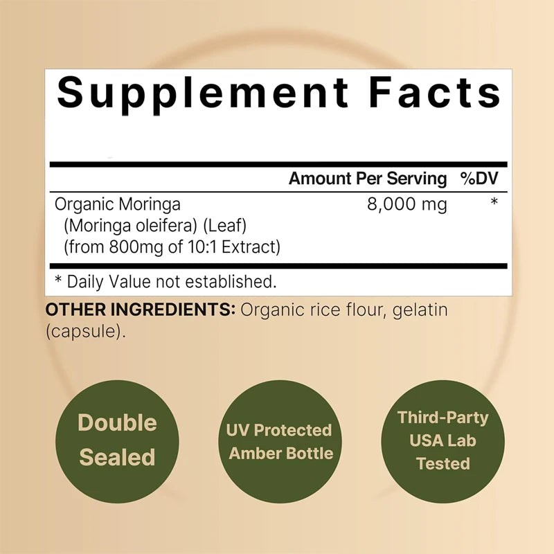 Moringa Capsules 8000MG per serving, 60 Moringa Powder Organic