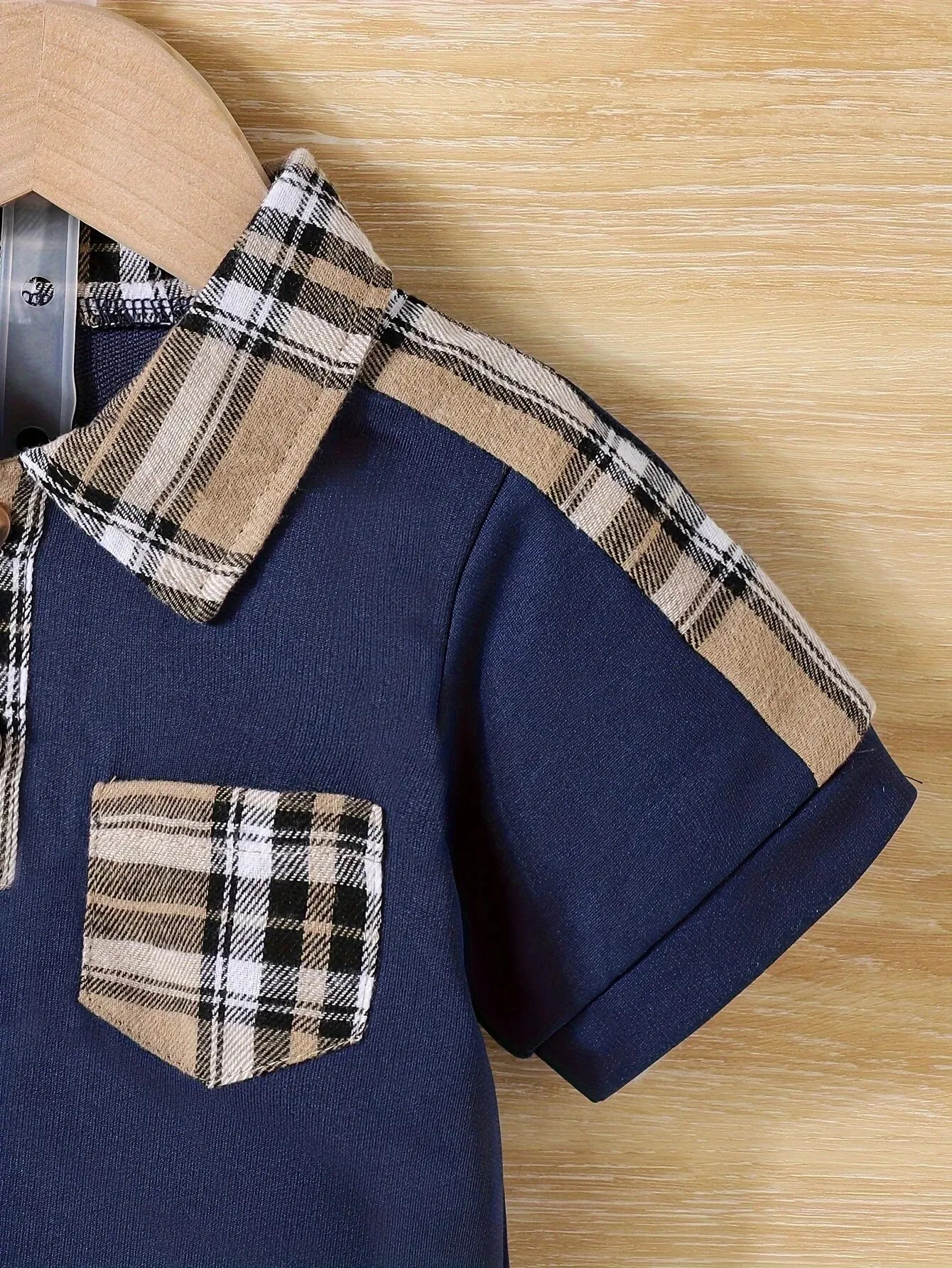 2-Piece Baby Boy Summer School Plaid Collared Short Sleeve Top