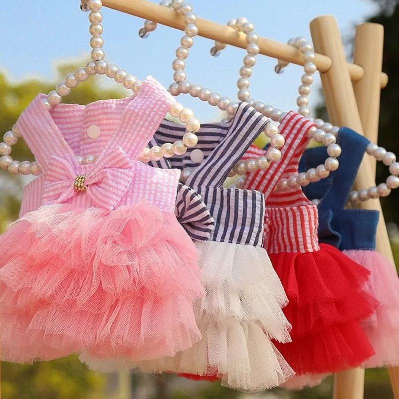 Dog Clothing Cat Clothing  Striped Suspender Mesh Skirt Dress