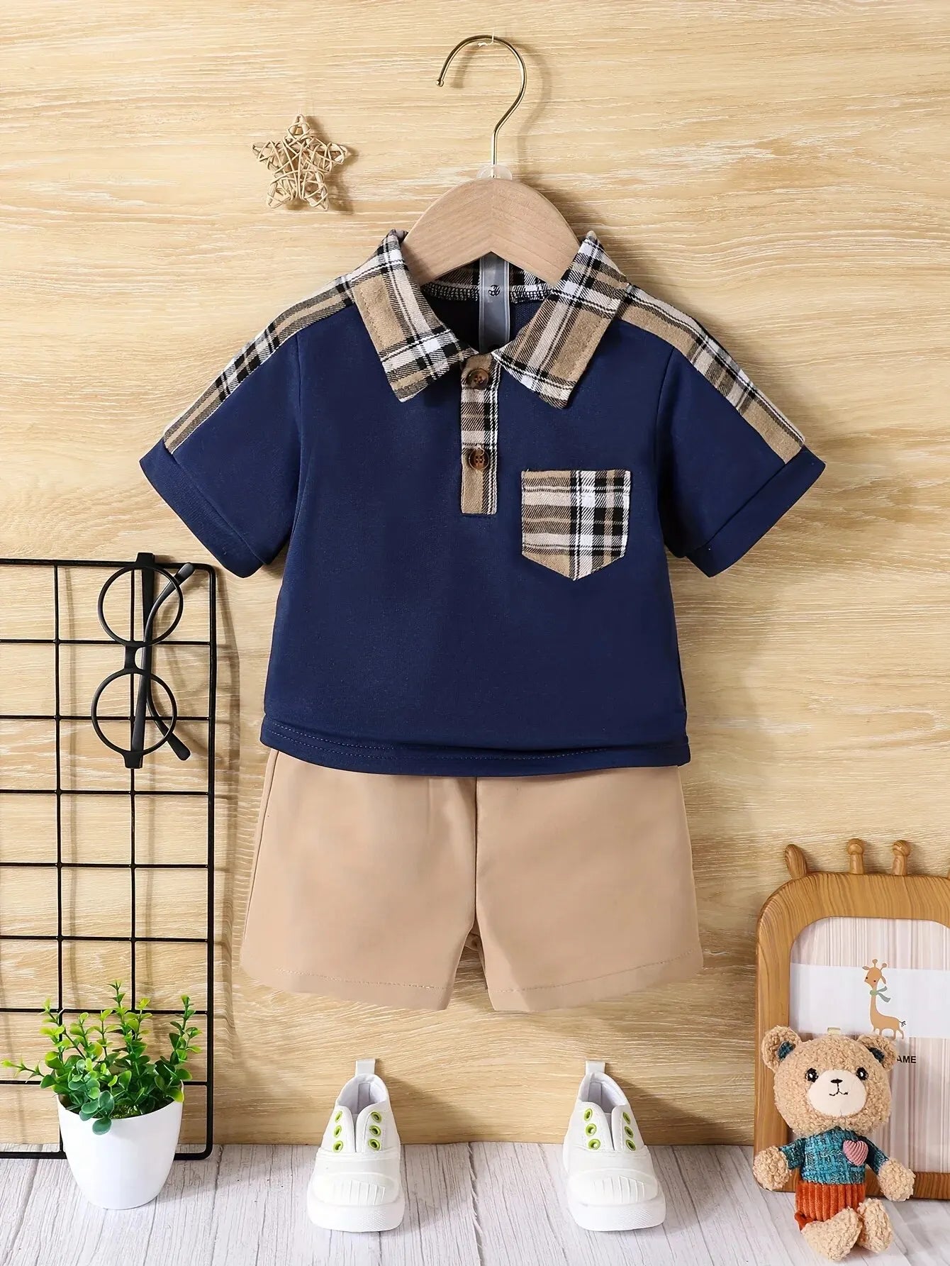 2-Piece Baby Boy Summer School Plaid Collared Short Sleeve Top