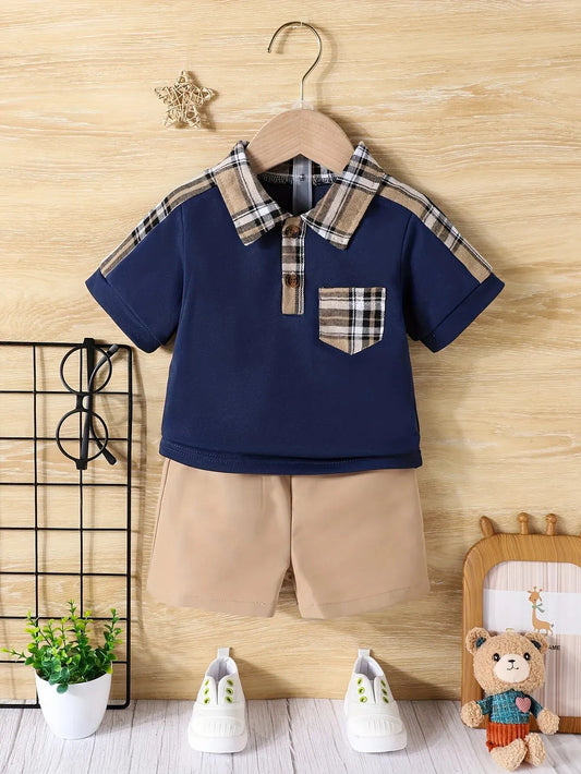2-Piece Baby Boy Summer School Plaid Collared Short Sleeve Top