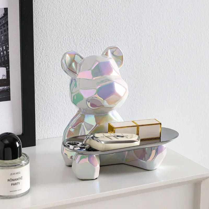 Geometric Bear Statue with Tray – Stylish Storage & Modern Décor