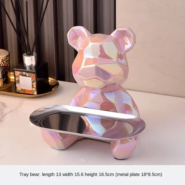 Geometric Bear Statue with Tray – Stylish Storage & Modern Décor