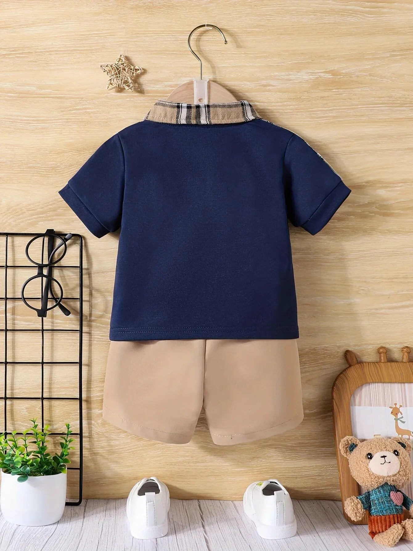 2-Piece Baby Boy Summer School Plaid Collared Short Sleeve Top