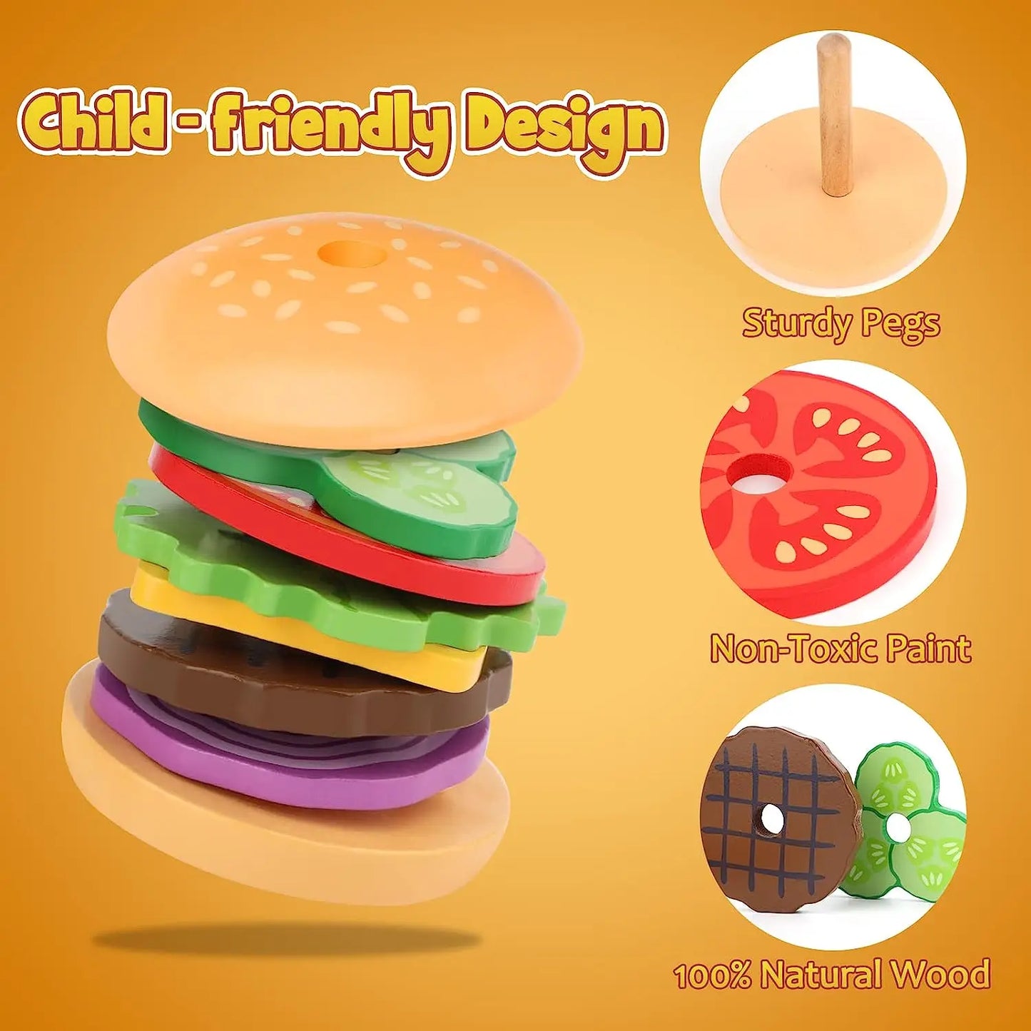 Montessori Wooden Burger Stacking Toys for Toddlers and Kids