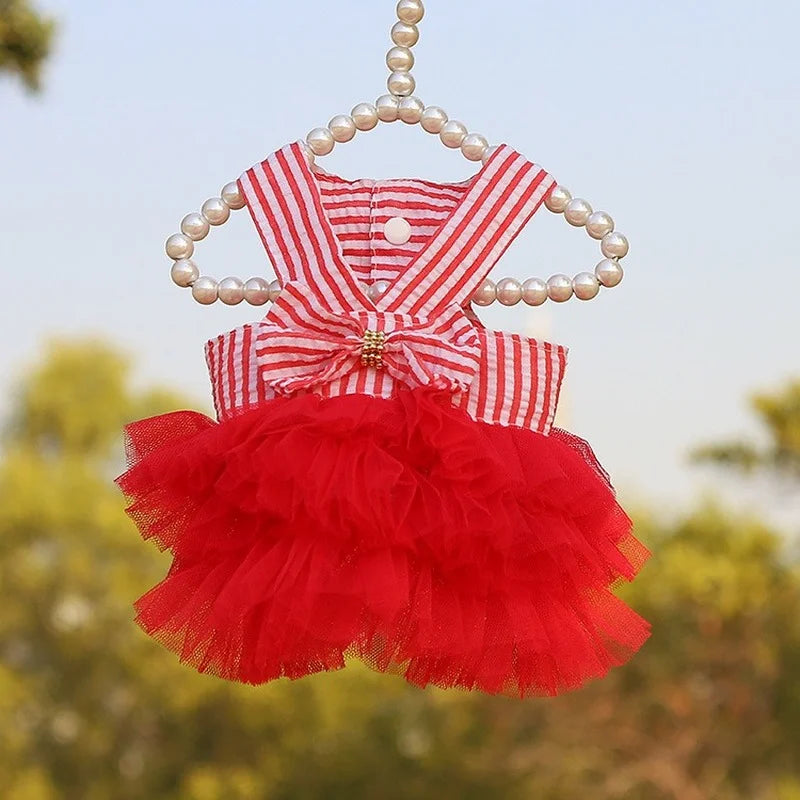 Dog Clothing Cat Clothing  Striped Suspender Mesh Skirt Dress